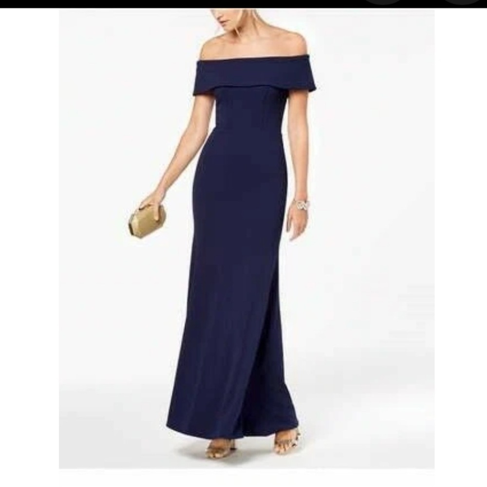 Elegant Navy Blue Long Betsy & Adam Ruffled-Back Off-The-Shoulder Gown MSRP $279